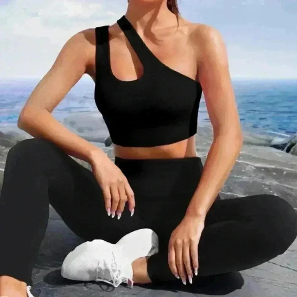 One Shoulder Cut Out Crop Sports Bra athleisure active Black - Picture 1 of 5